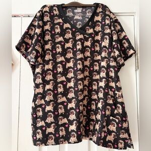 Pug Print V-Neck T-Shirt Scrubaid Top Four Way Stretch‎ Size 2XL EUC